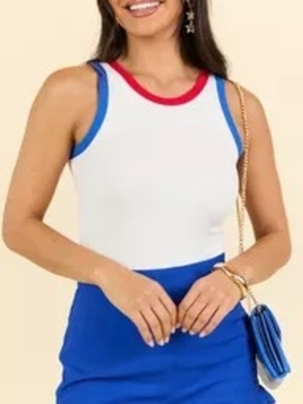 Pink Lily Retro White Ringer Tank Bodysuit Contrast Trim Large